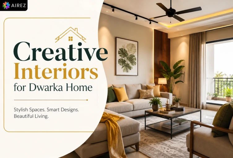 Modern luxury living room showcasing creative home interior design with elegant furniture, warm lighting, and minimalist décor for Dwarka homes.