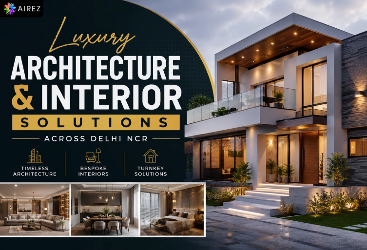 Luxury Architecture & Interior Solutions Across Delhi NCR featuring a modern luxury villa with elegant contemporary interior design and premium architectural planning.