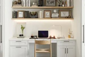 A Compact Home Office Unit With Floating Shelves