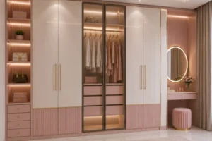 A Floor-To-Ceiling Wardrobe Design With Glass Shutters