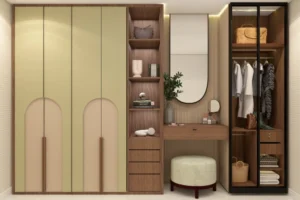 A Frosty White And Wooden Wardrobe With A Dressing Unit