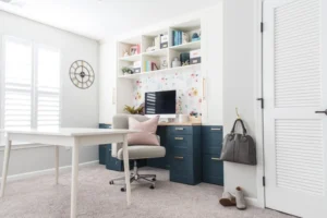 A Gorgeous Home Office Setup With A Folding Bookshelf