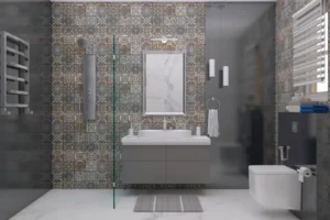 A Grey Bathroom Design With Marble Walls