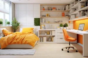 A Modern Bedroom With A Separate Study Area