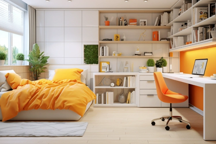 A Modern Bedroom With A Separate Study Area
