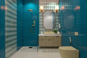 A Modern Classical Bathroom With A Blue Eggshell Wall Finish