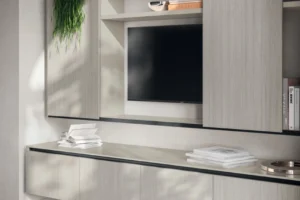 A Modern Living Room With A Sliding Door TV Unit