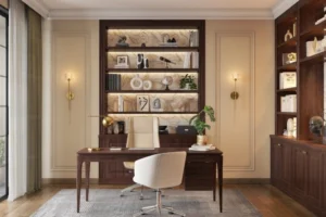 A Sleek Work Desk Unit With Bookshelves For Two