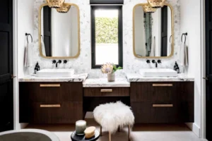 A White Bathroom With A Brown Marble Shower Cubicle