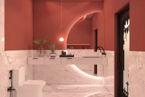 A White, Red And Gold Bathroom Design