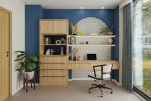 An Elegant Workstation In Your Bedroom With Blue And Wooden