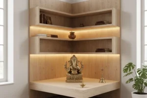 An L-Shaped Pooja Unit For The Living Room