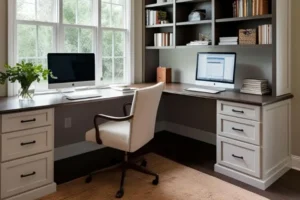 An L-shaped Home Office With An Attached Bookshelf