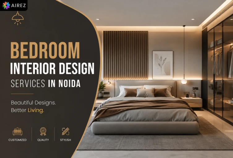 Modern bedroom interior design with elegant furniture, ambient lighting, modular wardrobe, and premium décor showcasing professional bedroom interior design services in Noida by AIREZ.