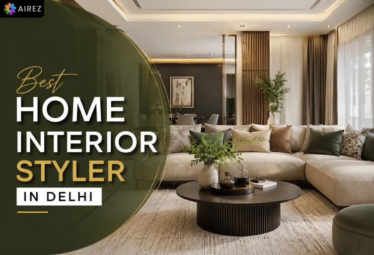 Best Home Interior Styler in Delhi showcasing a modern luxury living room designed by AIREZ Interiors