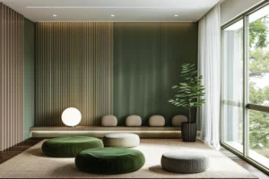 An Earthy Living Room with an Olive Panelled Wall
