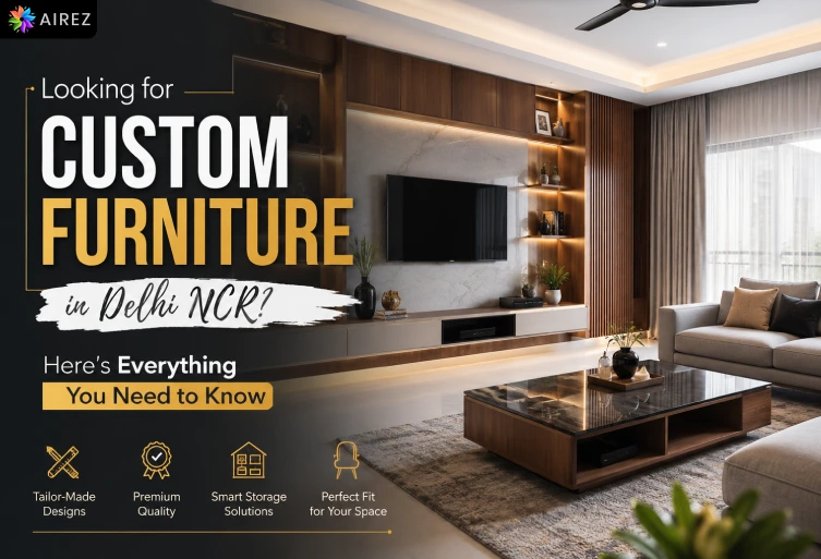 Custom furniture living room design in Delhi NCR with modern wooden interiors and bespoke storage solutions by Airez.