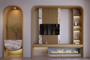 Modern Living Room with an Arched Partition & Textured TV Unit