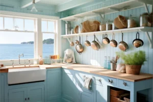 A Pastel Blue Kitchen Design with Classic Detailing
