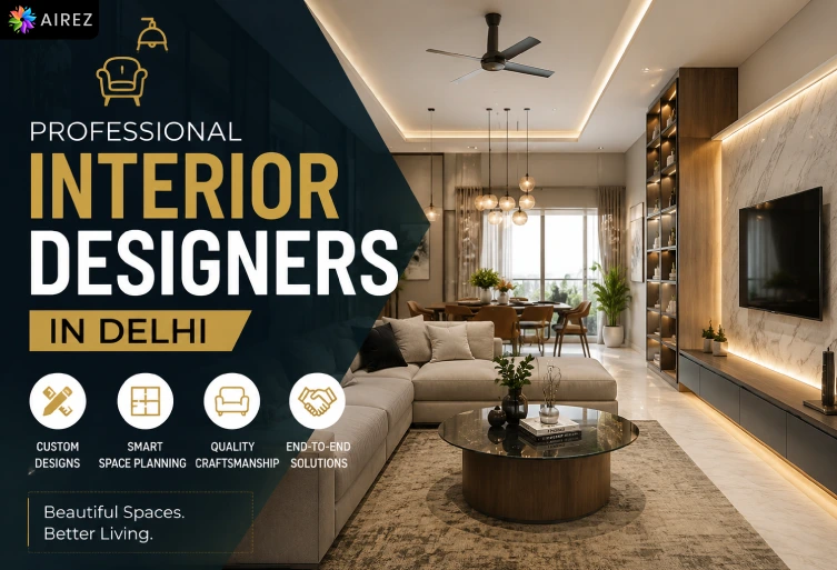 Professional Interior Designers in Delhi creating a modern luxury living room with elegant furniture, smart lighting, and customized interior design.