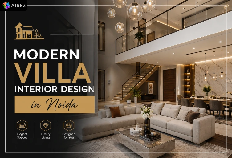 Modern villa interior design in Noida featuring luxury living room with elegant furniture and contemporary décor