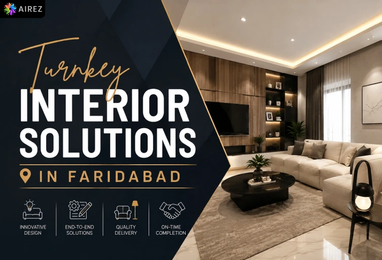 Modern blog thumbnail featuring a premium contemporary living room with the headline "Turnkey Interior Solutions in Faridabad" in elegant typography.